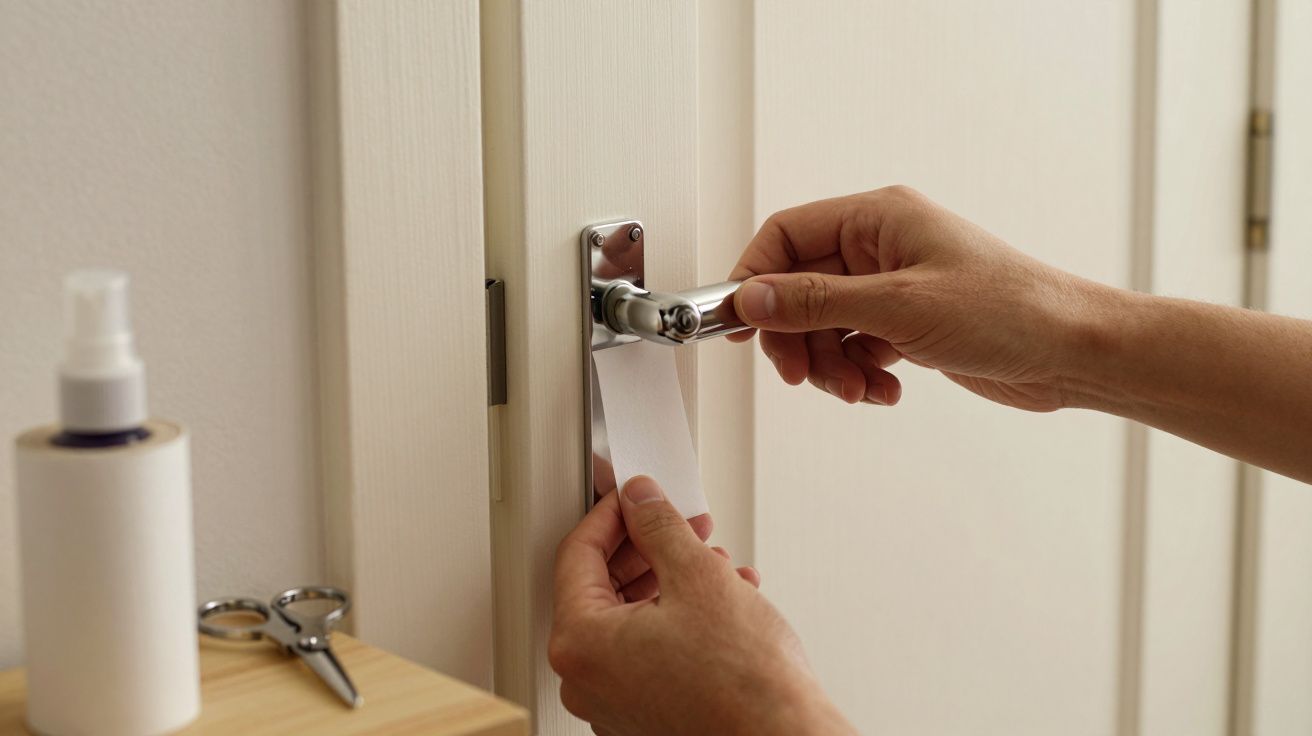Mãos instalando uma fechadura de porta em madeira clara com ferramentas ao lado.