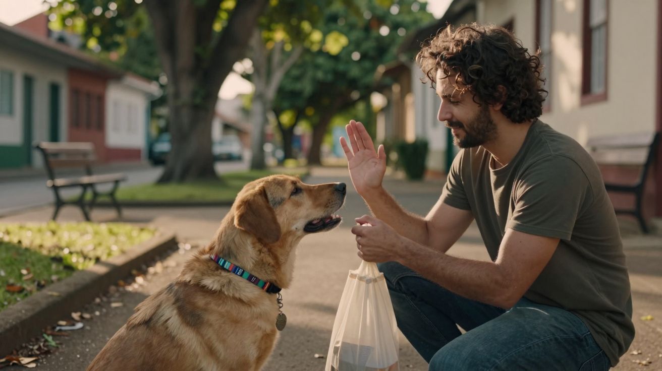 Homem sentado dá "high five" ao cão dourado num parque, segurando um saco de plástico numa mão.