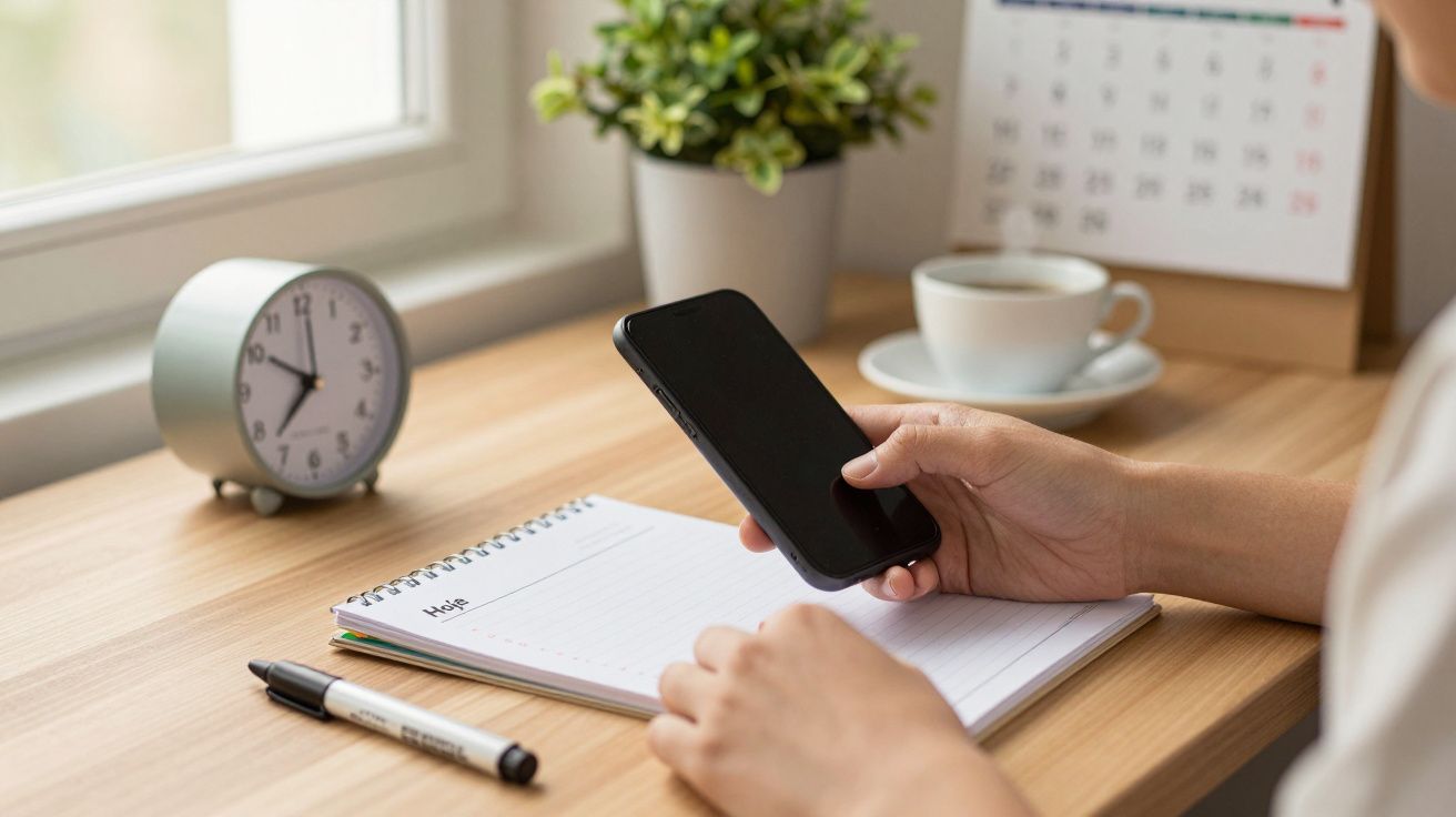 Pessoa segura telemóvel junto a mesa com caderno, caneta, chávena de café e despertador, próximo a janela.