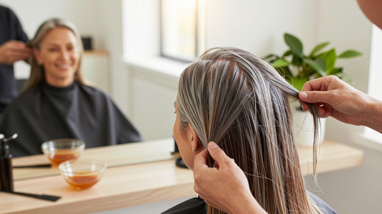 Mulher no cabeleireiro, cabelo cinza sendo penteado, refletida no espelho, ambiente iluminado e decorado com planta.