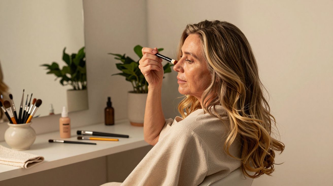 Mulher com cabelo loiro ondulado aplica maquilhagem ao espelho, rodeada por pincéis e produtos de beleza.