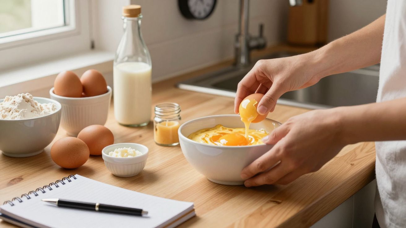 Pessoa a partir ovos numa tigela na cozinha, rodeada de ingredientes e um caderno em cima de um balcão de madeira.