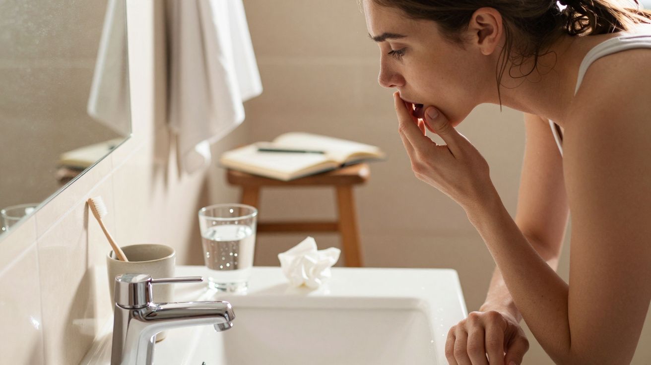Mulher toca no seu rosto em frente a um espelho na casa de banho.