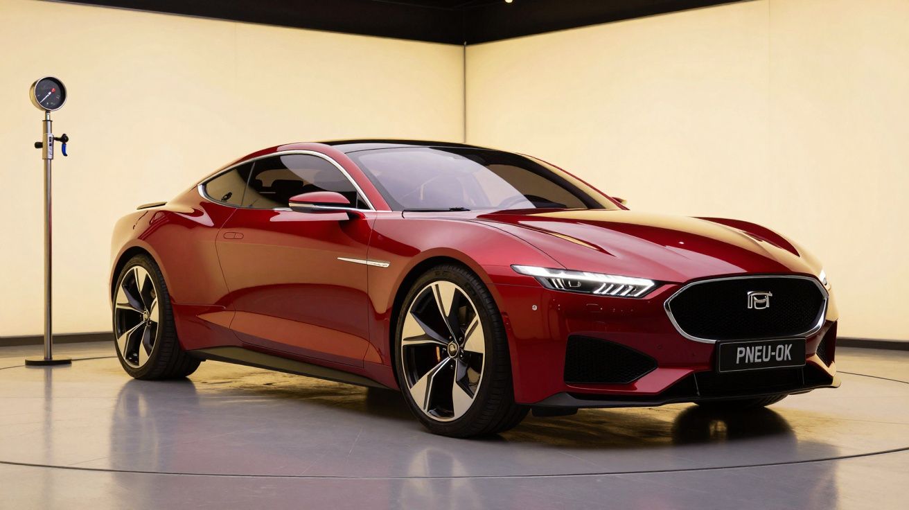 Carro desportivo vermelho em exposição, com design elegante e moderno, estacionado num espaço iluminado.