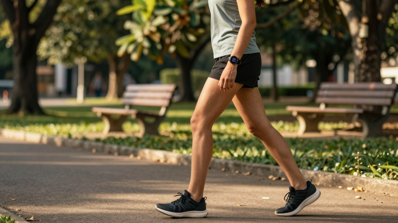 Pessoa a caminhar num parque, usando calções, t-shirt, ténis pretos e um relógio inteligente num dia ensolarado.
