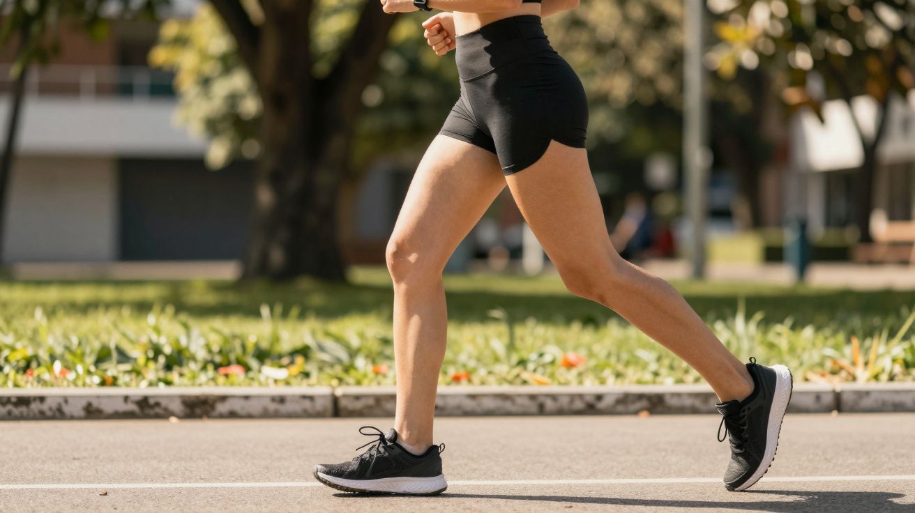 Pessoa a correr numa rua arborizada, vestindo calções pretos e ténis desportivos.