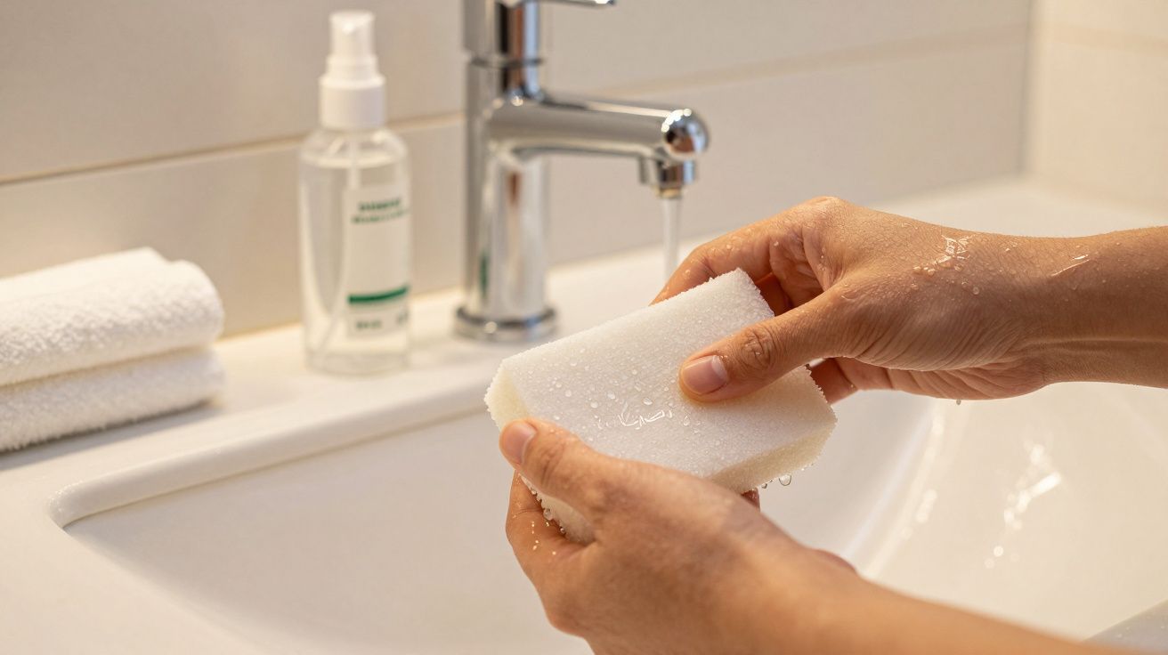 Mãos molhadas seguram uma esponja branca perto de uma torneira aberta, com toalhas e um frasco de spray ao fundo.