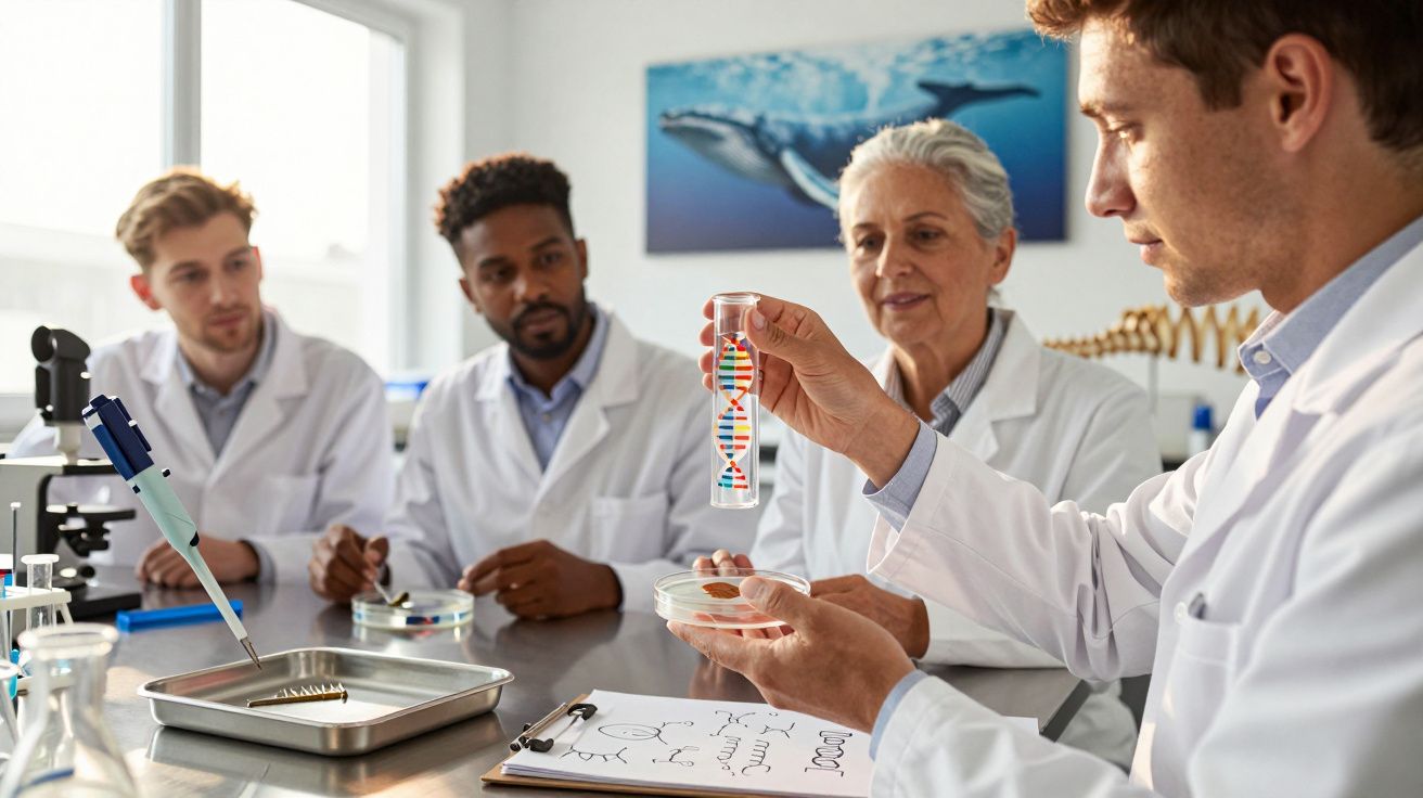 Cientistas em batas brancas analisam modelo de ADN numa sala de laboratório equipada com microscópio e tubos de ensaio.