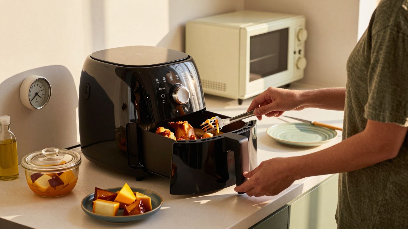 Pessoa retira alimentos saborosos de uma fritadeira sem óleo numa cozinha moderna e bem iluminada.