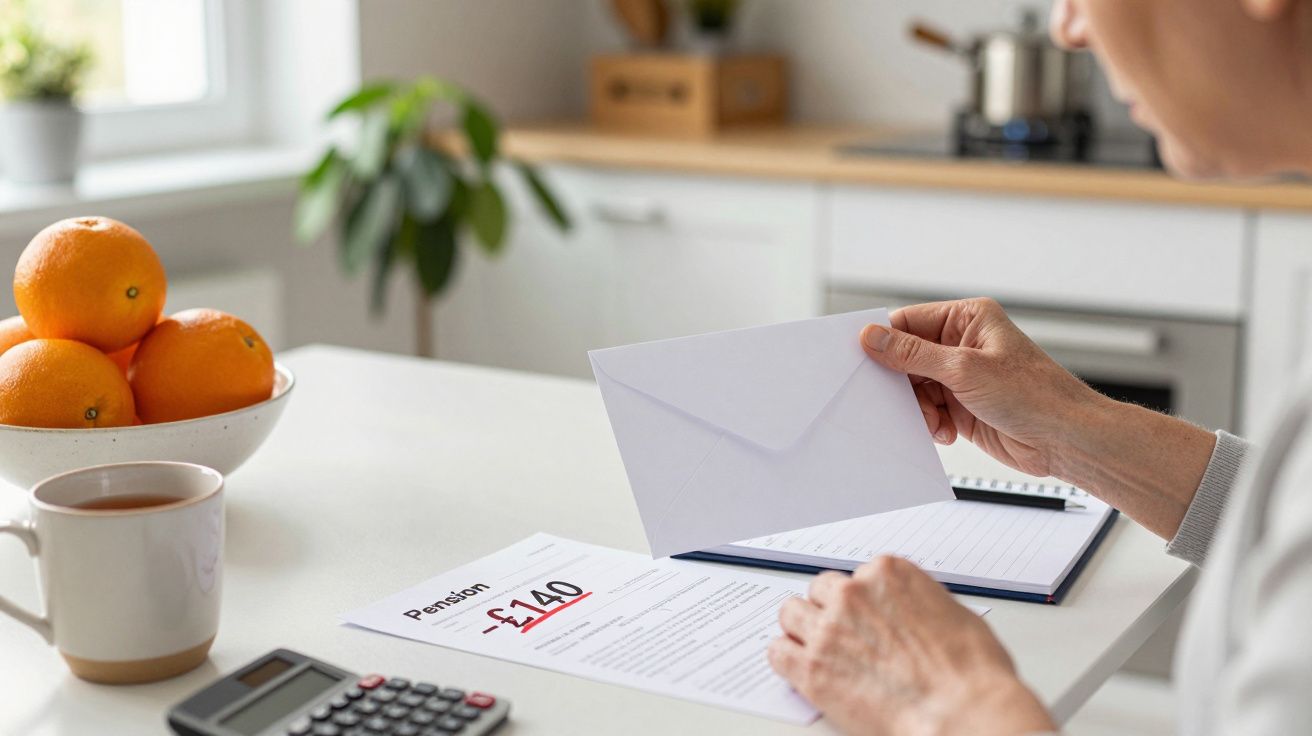 Pessoa vê documento de pensão, caneca de café e calculadora na mesa da cozinha com laranjas ao lado.
