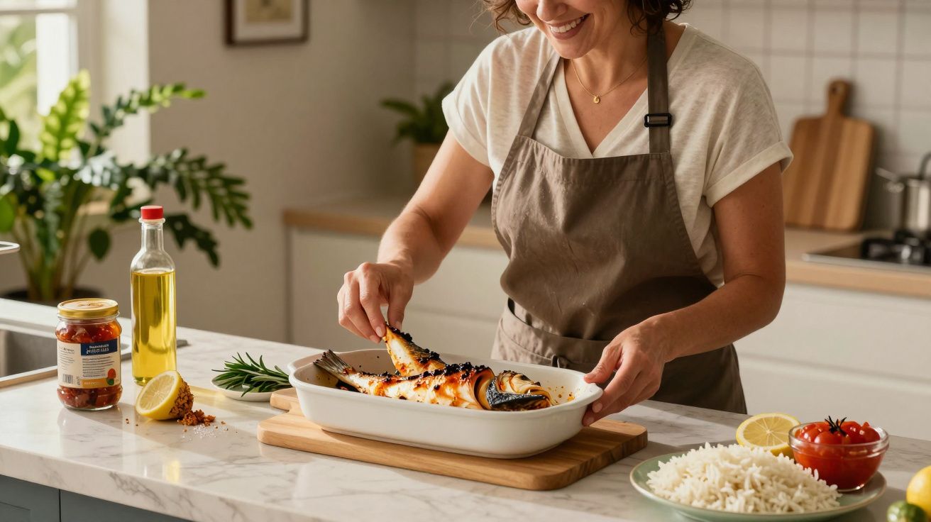 Mulher cozinha peixe no forno, sorrindo em cozinha moderna, com ingredientes e arroz ao lado.