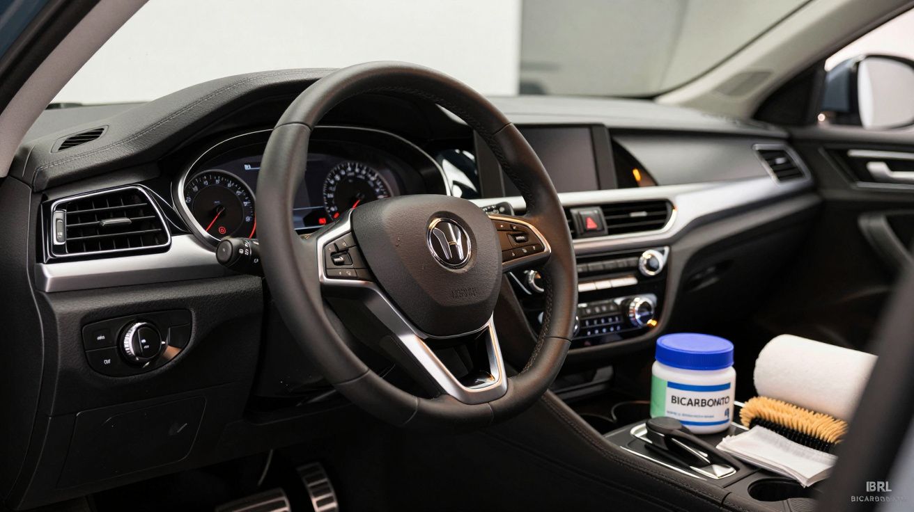 Interior de carro com volante, painel com ecrã digital e itens de limpeza no console central.