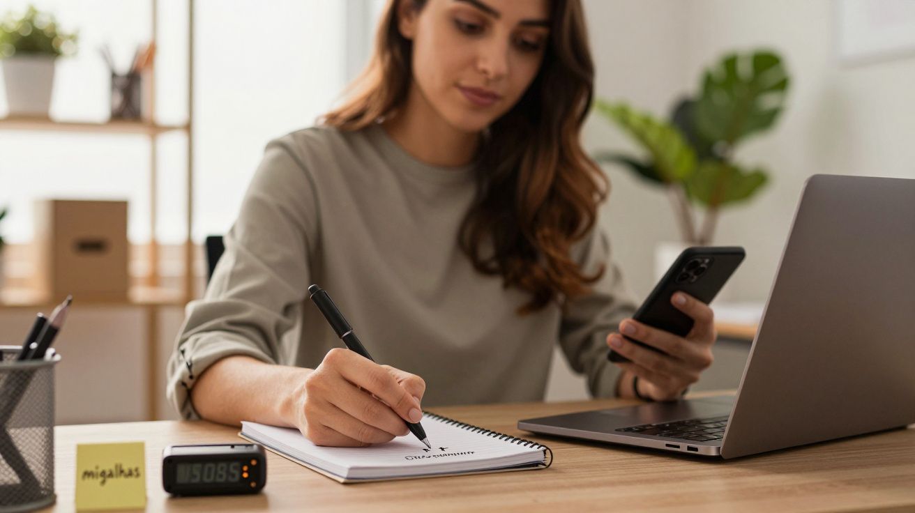 Mulher a escrever num bloco de notas, segurando um telemóvel, com um portátil e plantas no fundo.
