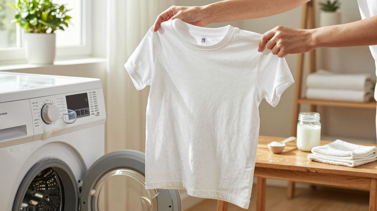 Pessoa segura uma t-shirt branca recém-lavada em frente a uma máquina de lavar aberta, numa lavandaria iluminada.