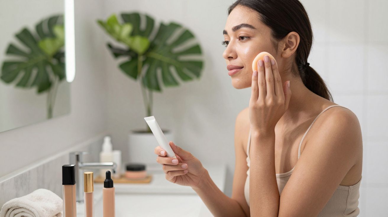 Mulher aplica creme facial com esponja em frente ao espelho na casa de banho, rodeada de produtos de beleza.