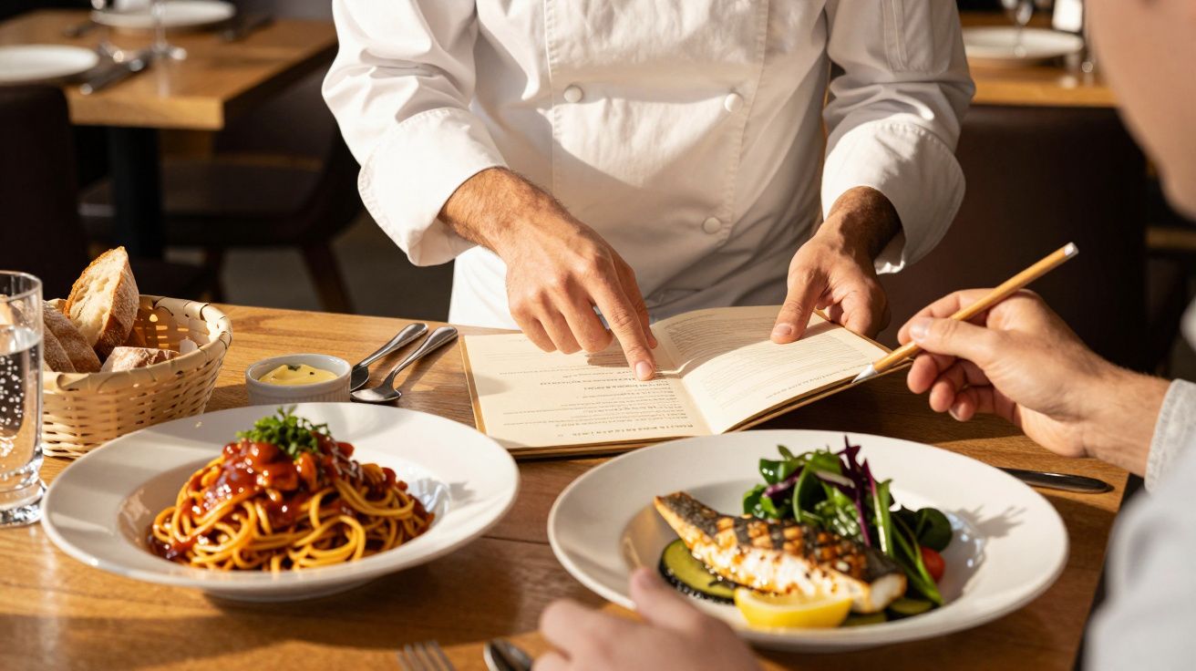 Chef a indicar menu a cliente numa mesa com pratos de massa e peixe grelhado, cesto de pão e copo de água.