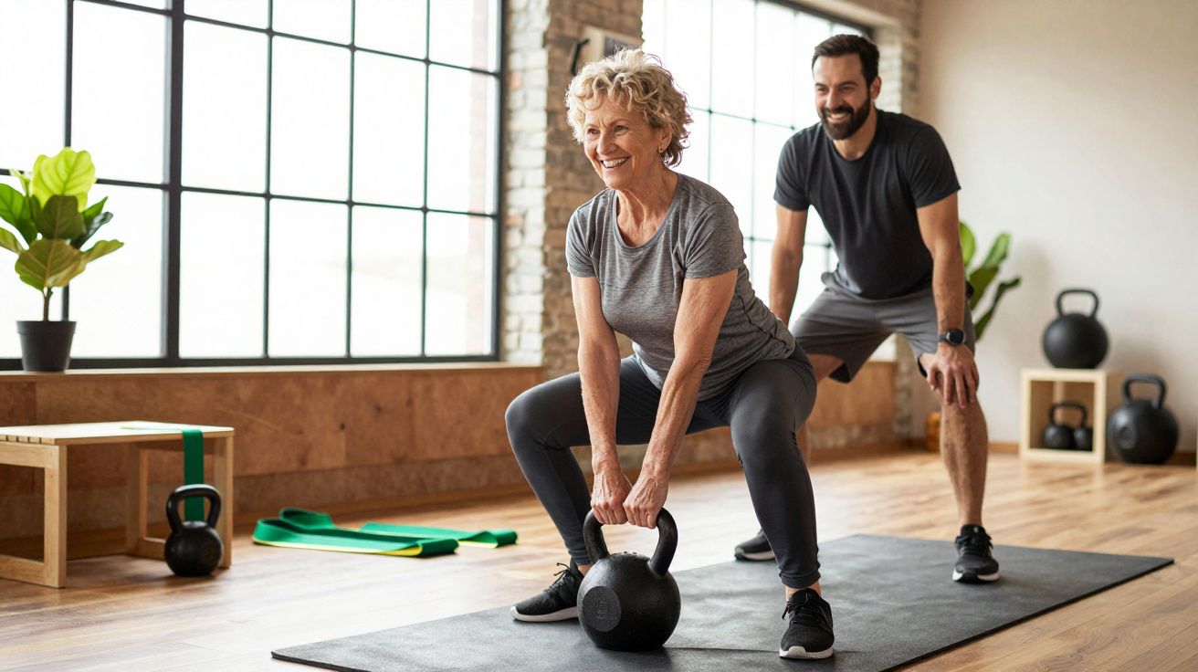 Mulher mais velha levanta kettlebell numa aula de treino com instrutor a observar num ginásio iluminado.