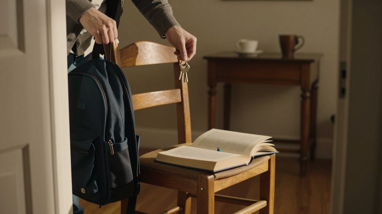 Pessoa segura mochila e chaves ao lado de uma cadeira com livro aberto, mesa ao fundo com chávena e copo.