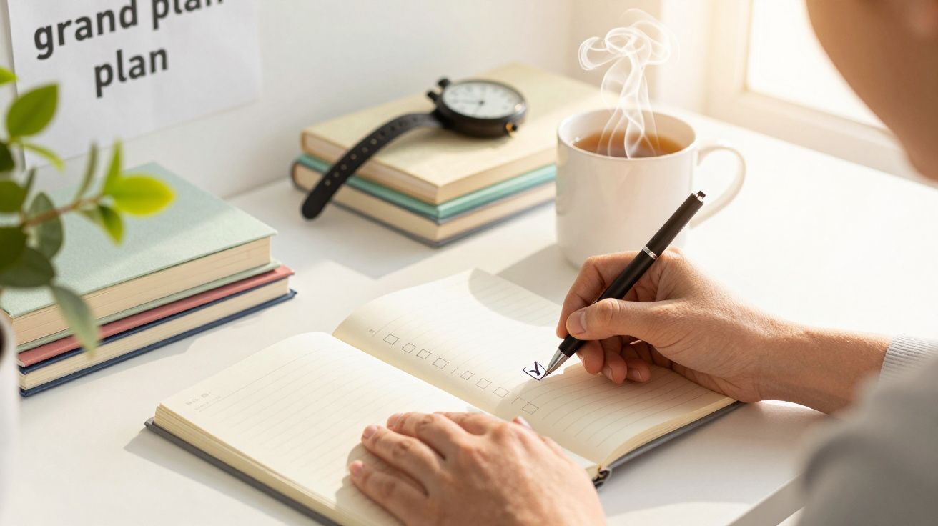 Pessoa escreve lista de tarefas num caderno. Relógio, chá e livros sobre a secretária.