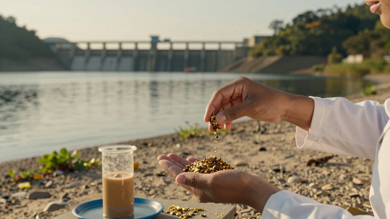 Mãos seguram grãos perto de uma represa com água. Um copo com líquido está ao lado sobre o chão de pedras.