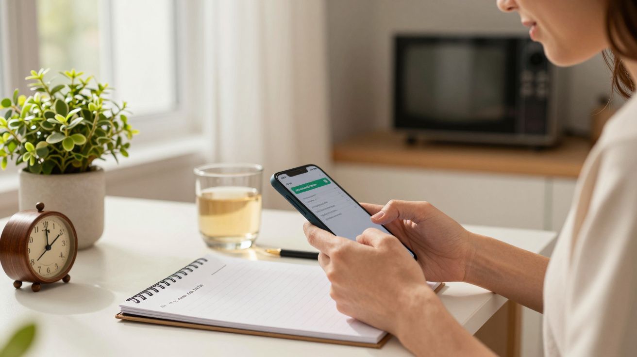 Mulher a usar smartphone numa mesa com bloco de notas, copo e relógio. Fundo com micro-ondas e planta.