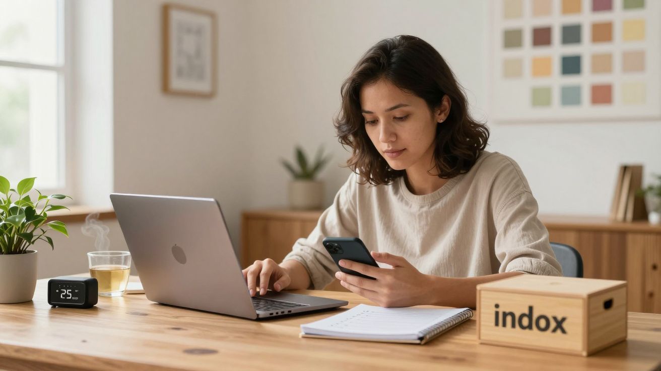 Mulher a trabalhar em casa com computador portátil, a verificar o telemóvel, numa mesa organizada com chávena e plantas.