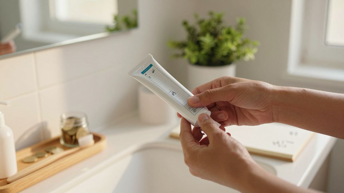 Pessoa segurando tubo de pasta de dentes em casa de banho, com planta ao fundo.