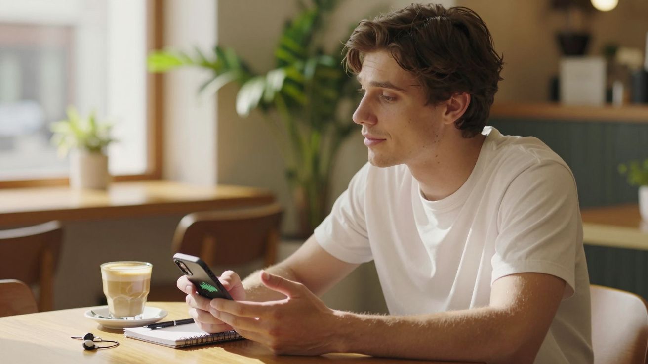 Homem sentado em café, segurando smartphone, com latte e caderno na mesa, planta ao fundo.