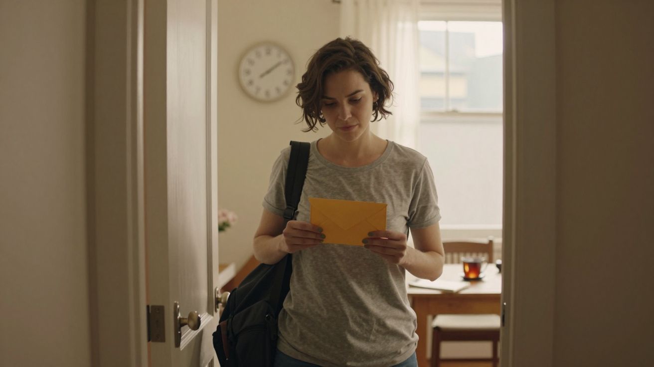 Mulher em pé numa porta, segurando um envelope amarelo, olhar pensativo, sala com relógio e mesa ao fundo.