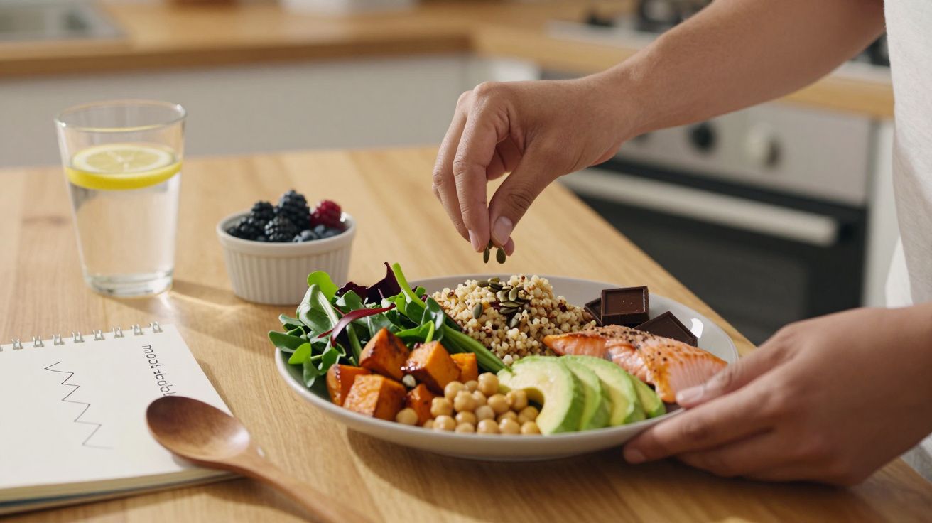 Pessoa prepara prato saudável com abacate, salmão, grão-de-bico e vegetais; caderno, colher e copo com limão na mesa.
