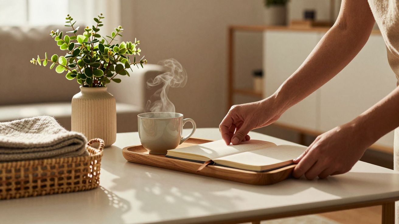 Pessoa arruma uma bandeja com chá e livro numa mesa ao lado de um vaso de planta e cesto com manta, em sala iluminada.