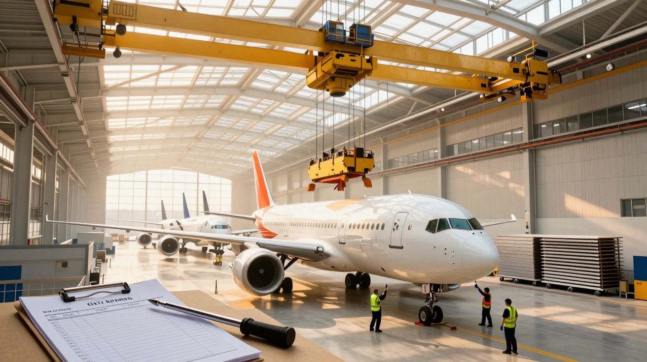 Avião dentro de hangar, técnicos de manutenção ao redor, plano de fundo com guindaste e janelas iluminadas pelo sol.