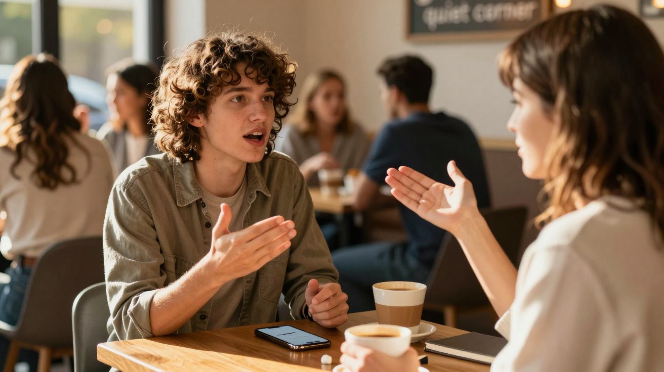 Jovem casal em diálogo animado num café, com chávenas de café e um smartphone sobre a mesa.