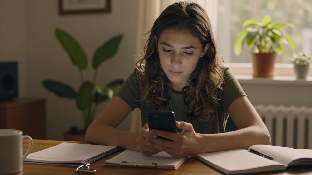 Jovem sentada à mesa com cadernos e caneca, usando smartphone, planta ao fundo.