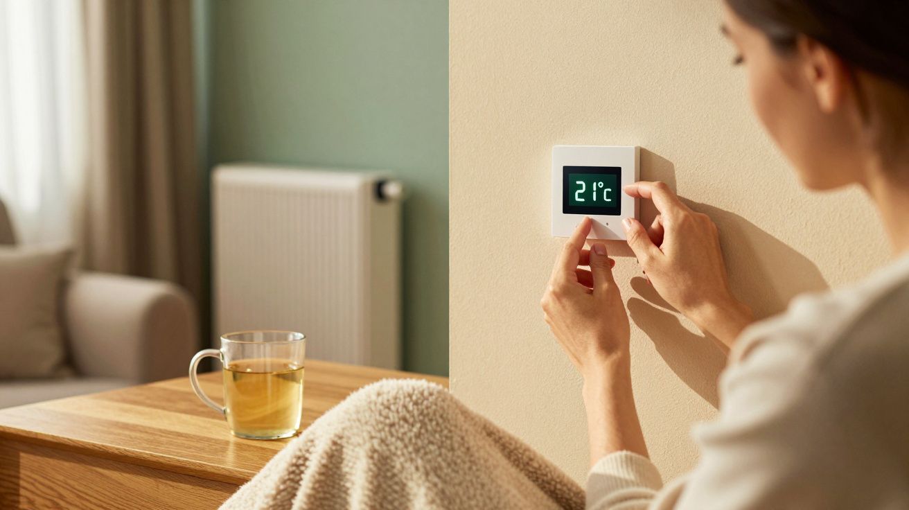 Mulher ajusta termostato digital na parede para 21°C enquanto relaxa com chá, coberta por manta numa sala acolhedora.