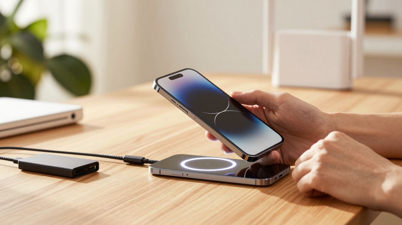 Pessoa segura smartphone enquanto carrega outro sobre base sem fios numa mesa de madeira.