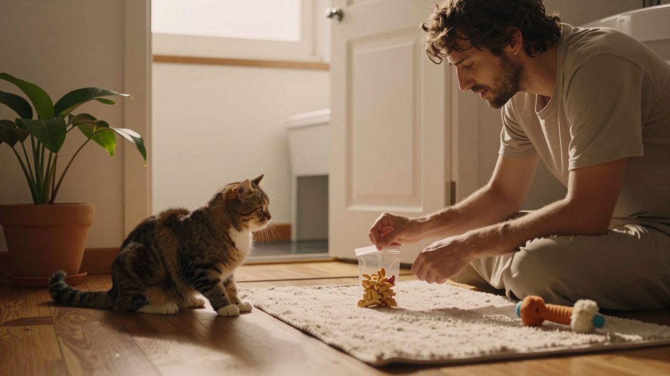 Homem alimenta gato numa sala ensolarada, com brinquedos e planta ao fundo.