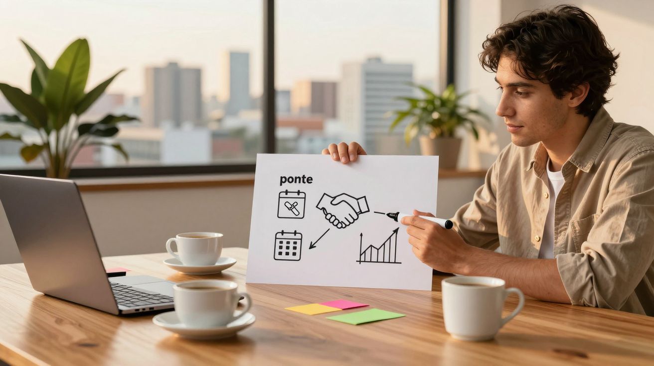 Homem mostrando cartaz com gráficos e ícones, sentado à mesa com portátil e chávenas, fundo de cidade ao longe.