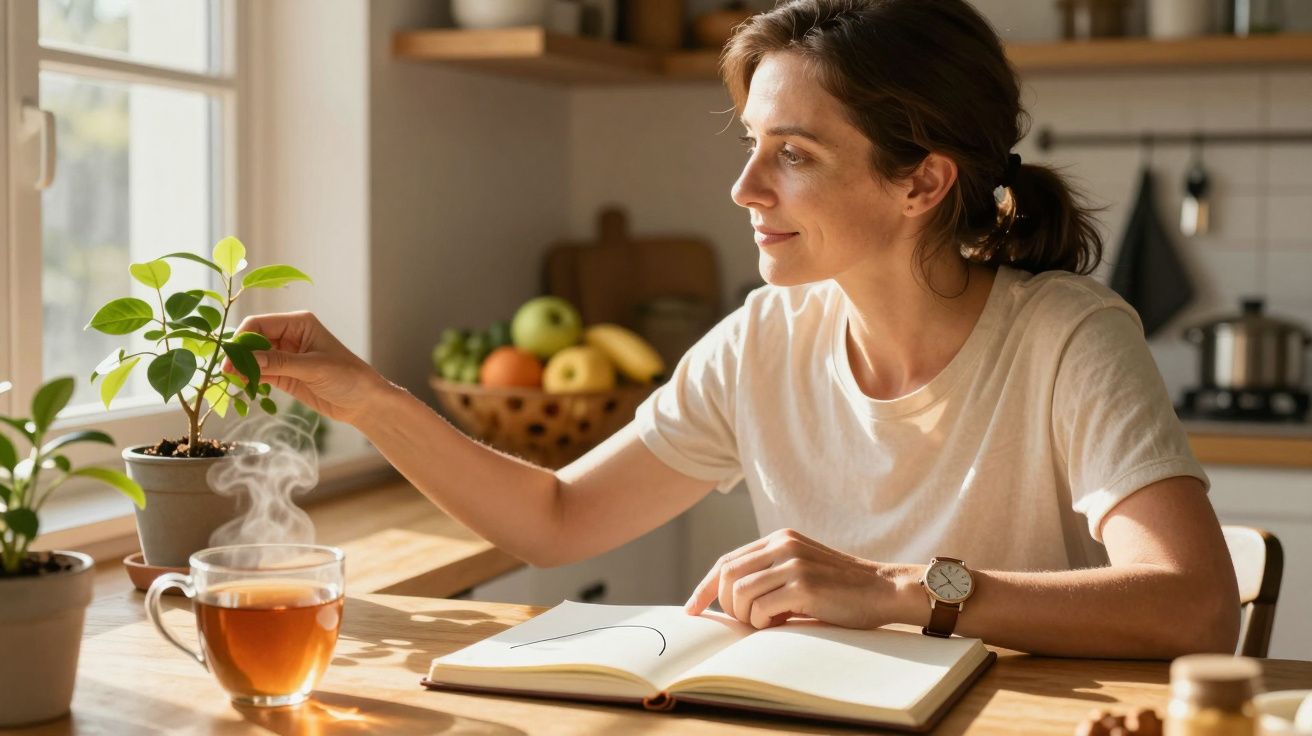 Mulher em cozinha iluminada, tocando planta, com chá e caderno sobre a mesa.