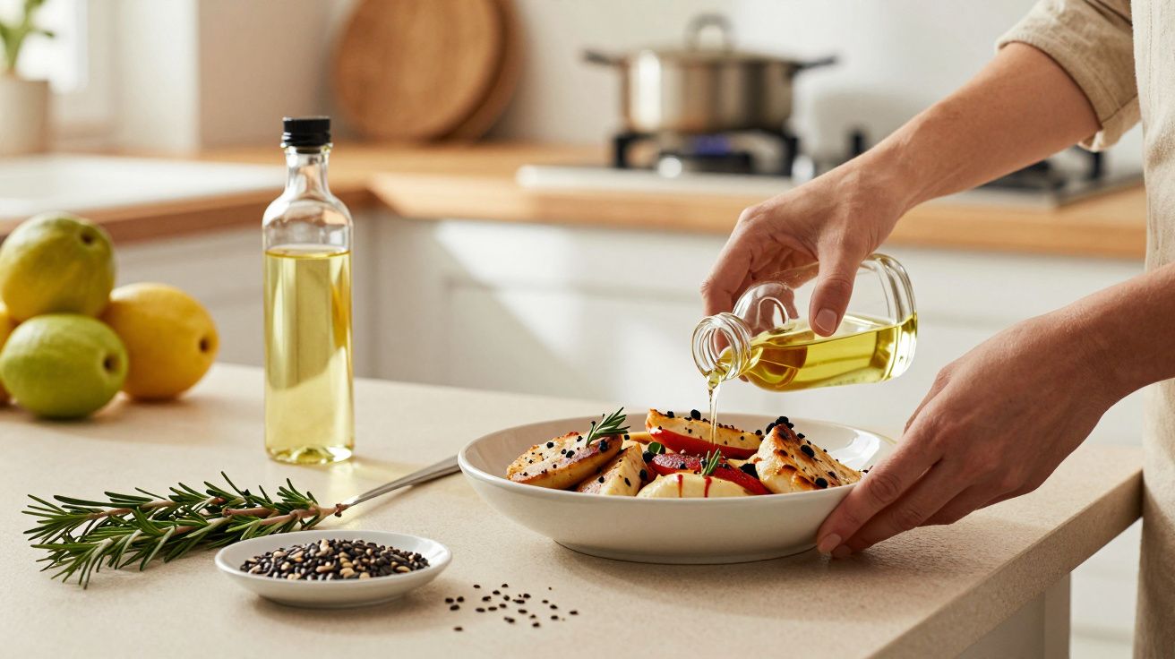 Pessoa a regar salada com azeite na cozinha com limões e especiarias sobre a bancada.