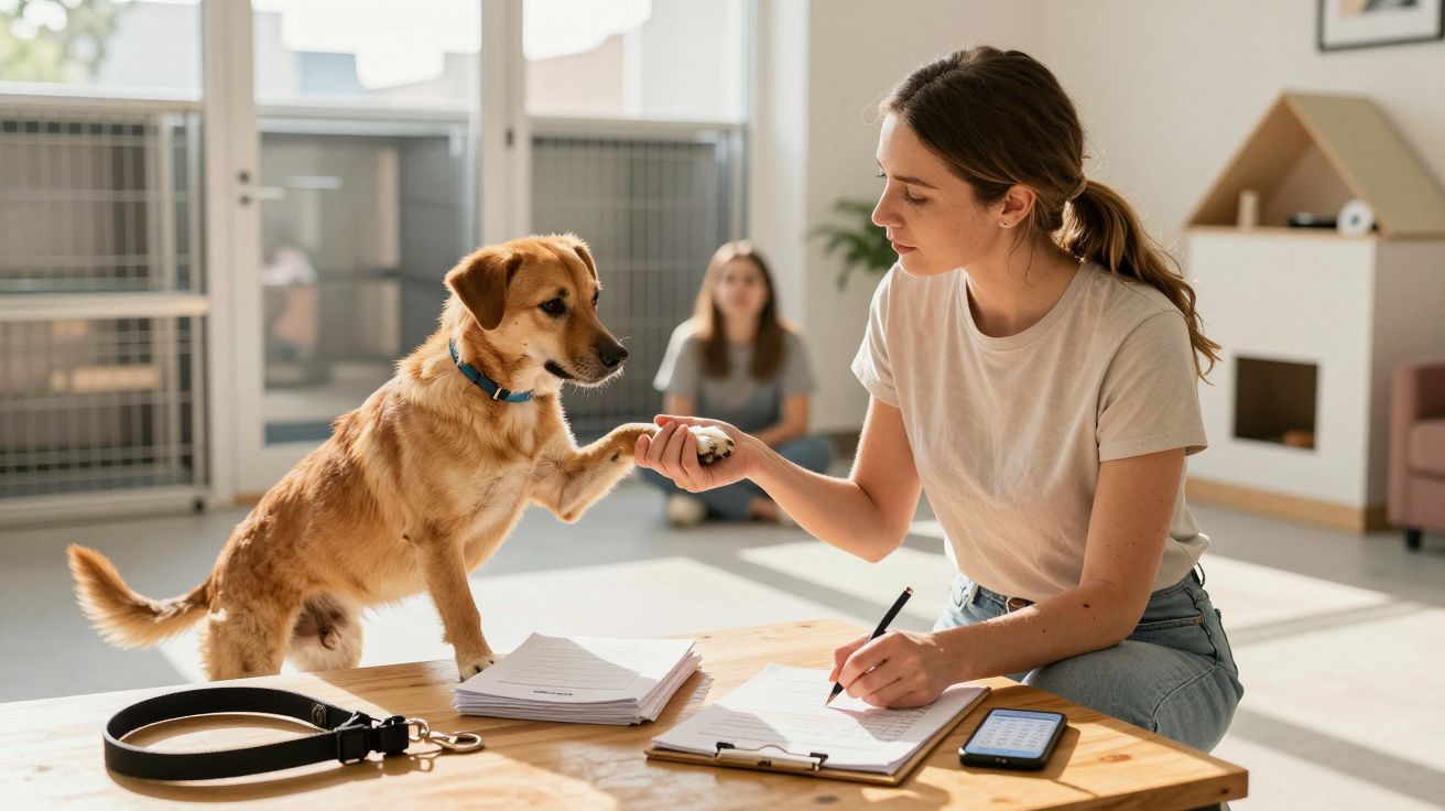 Mulher treina cão a dar a pata numa sala clara. Cão tem uma coleira azul. Outra pessoa observa ao fundo.