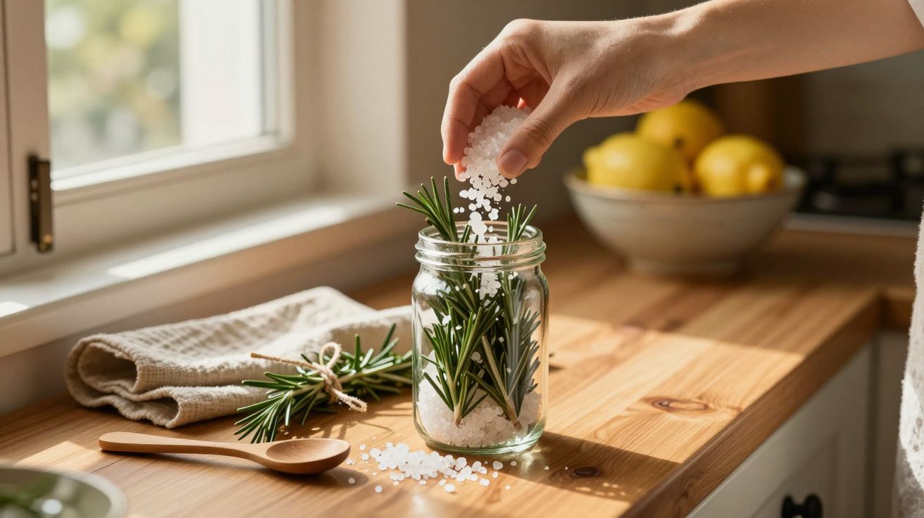 Mão adiciona sal grosso num frasco com ramos de alecrim numa bancada de cozinha iluminada pelo sol.
