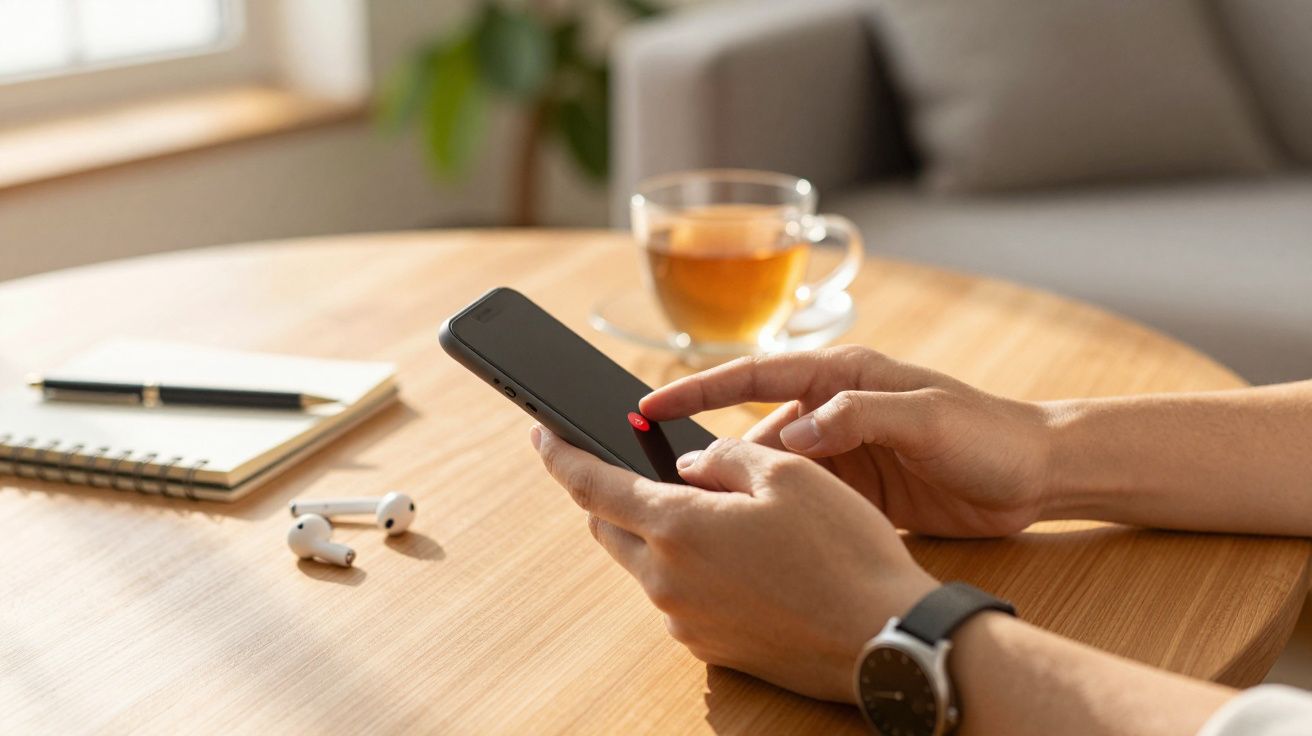 Pessoa usando smartphone numa mesa de madeira com chá, caderno, caneta e auriculares.