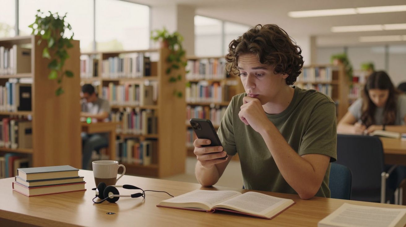 Jovem sentado numa biblioteca, olhando para o telemóvel, com livros abertos em frente e auscultadores ao lado.