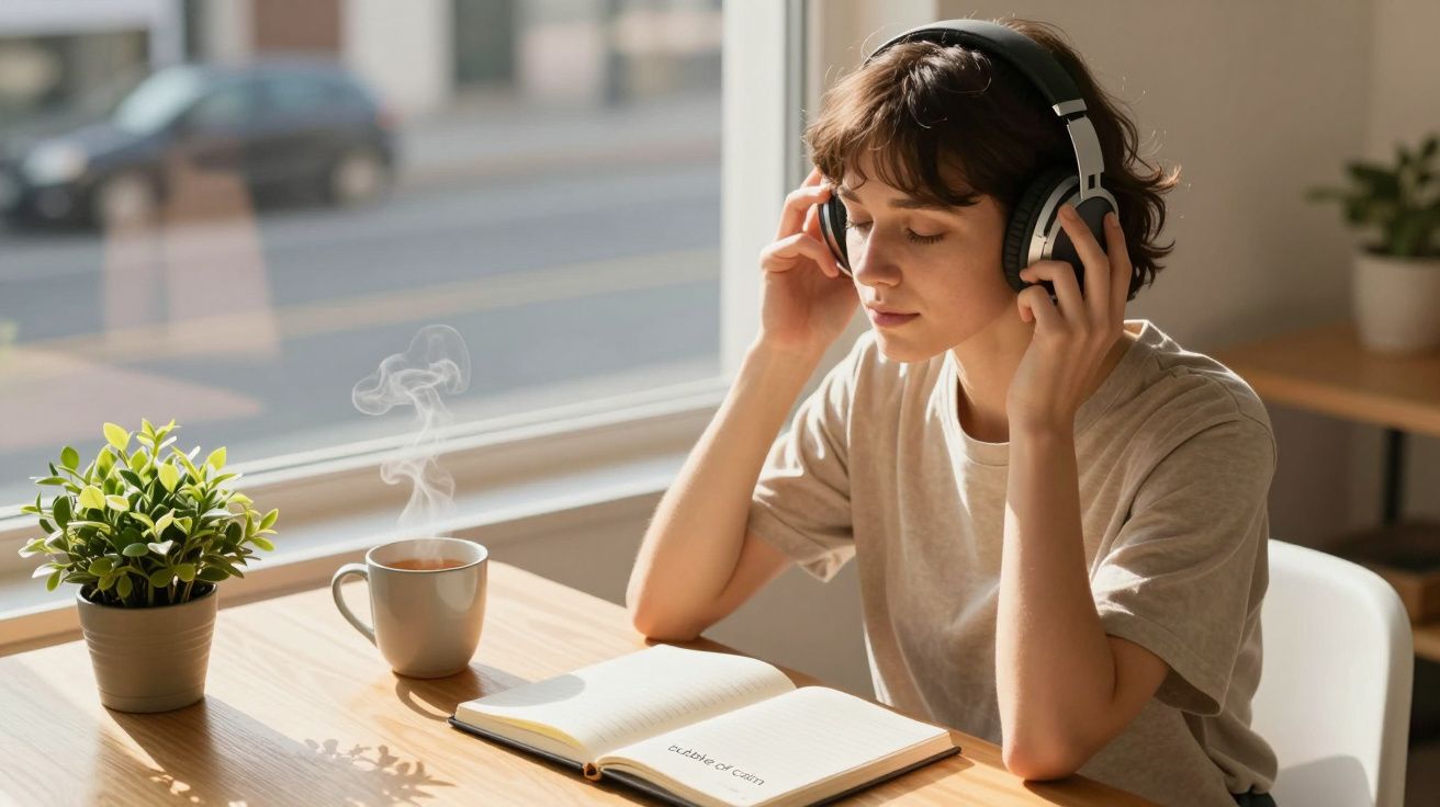 Mulher sentada, de olhos fechados, ouvindo música com fones, ao lado de uma chávena fumegante e um caderno aberto.