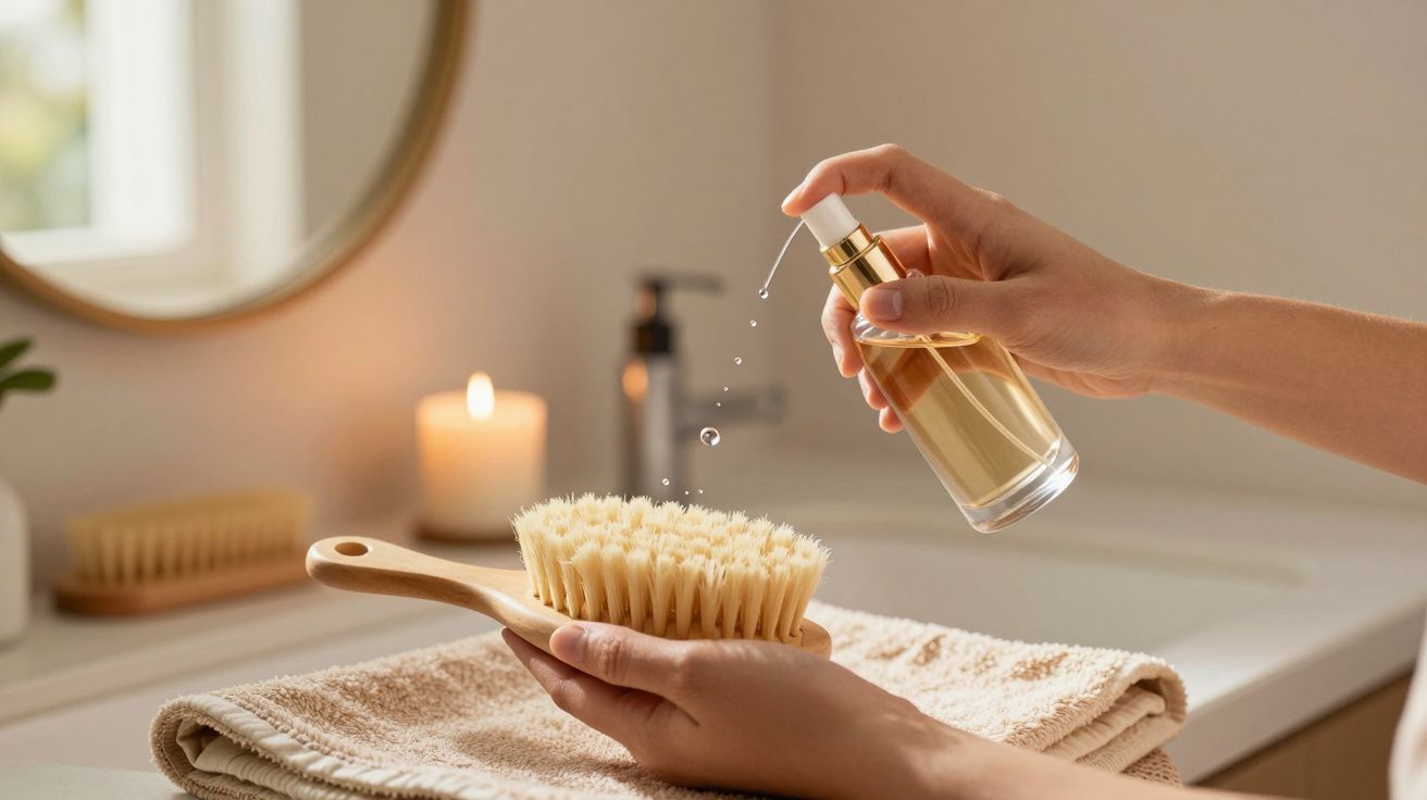 Mãos aplicam óleo em escova de cerdas macias sobre toalha, com vela acesa e frascos no fundo.
