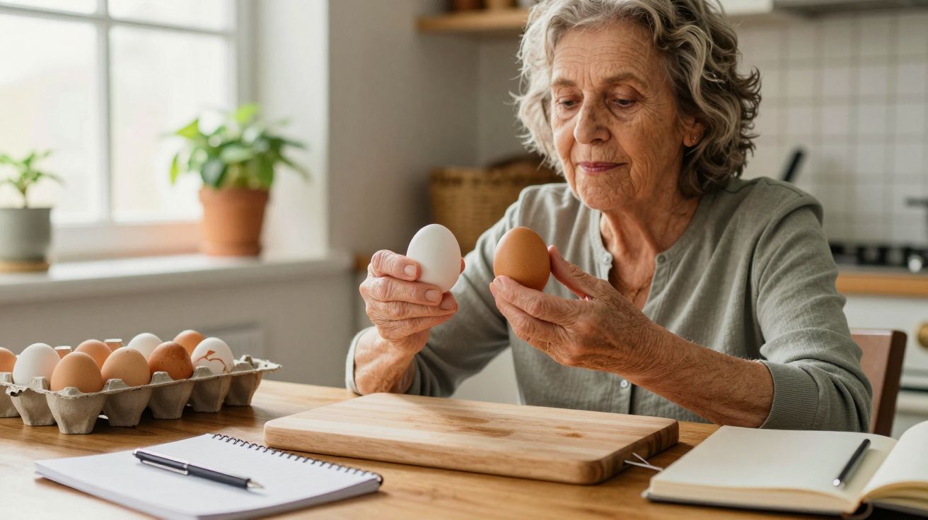 Mulher idosa na cozinha examina dois ovos nas mãos, com bloco de notas e ovos ao lado.