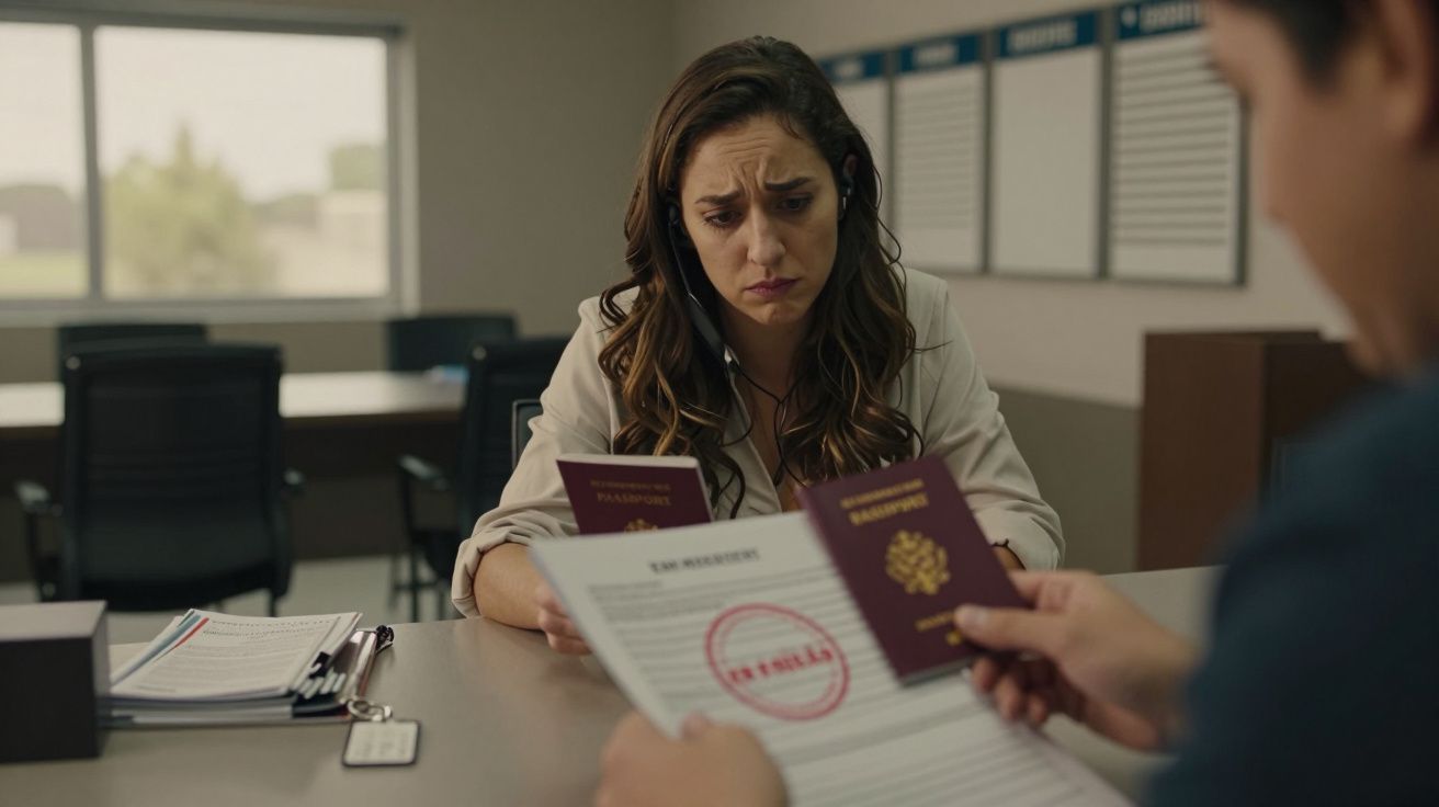 Mulher segura passaporte, olhando preocupada para documento com carimbo "rejeitado" em mesa de escritório.