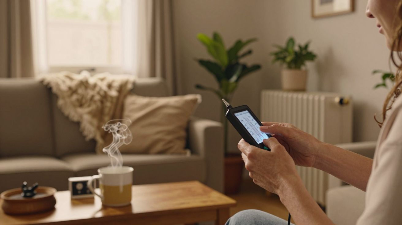 Pessoa usando tablet na sala de estar com sofá, planta e chá fumegante na mesa de café.
