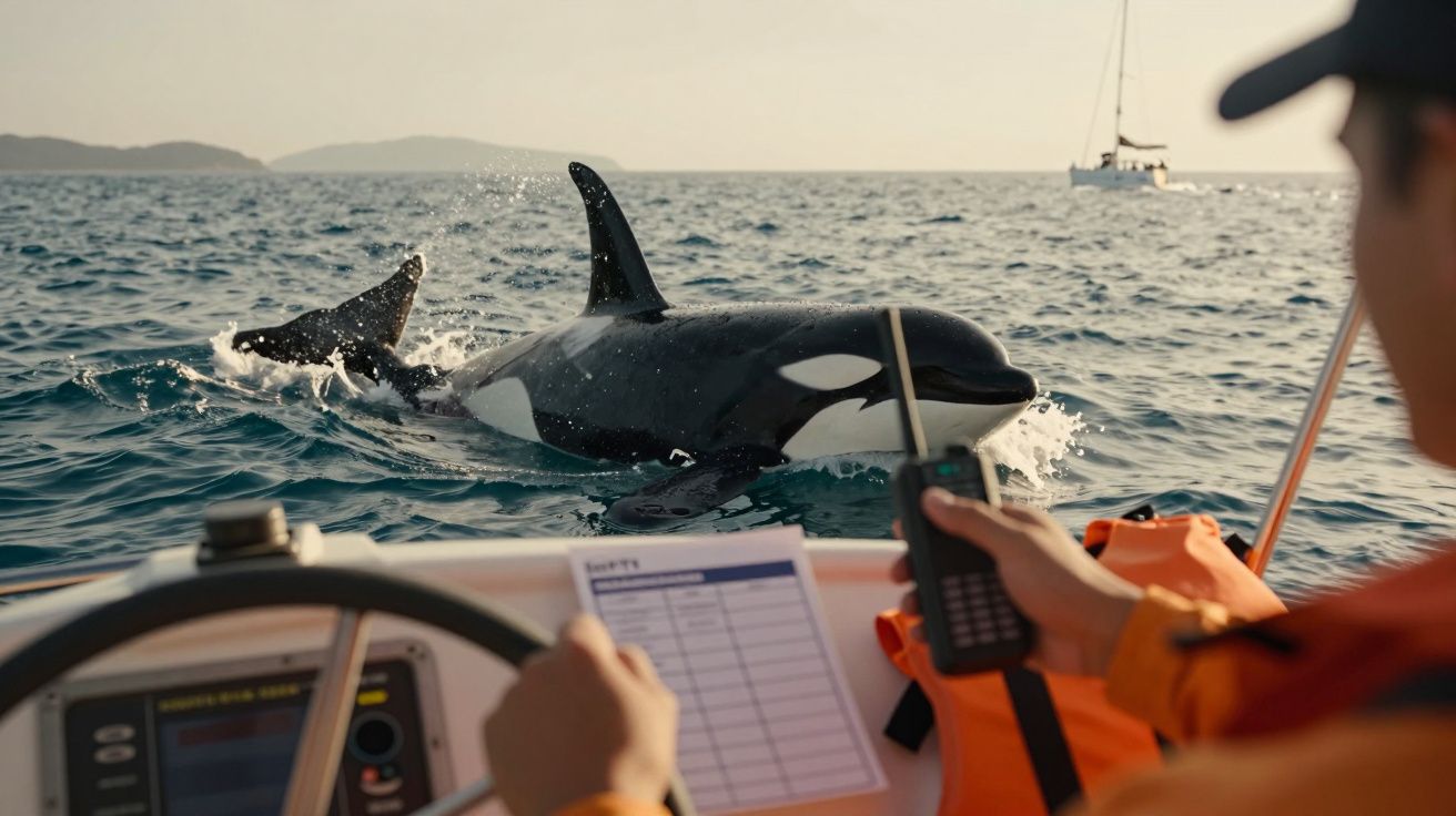 Pessoa num barco observa orca nadando perto, à luz do entardecer.